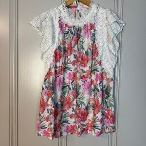 Entro‎ Floral Eyelet Lace Sleeve Rayon Linen blend Top size large